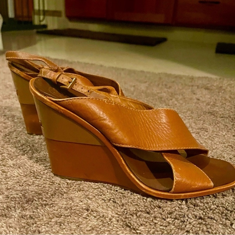 Tory Burch Cognac Leather Wedge Sandals